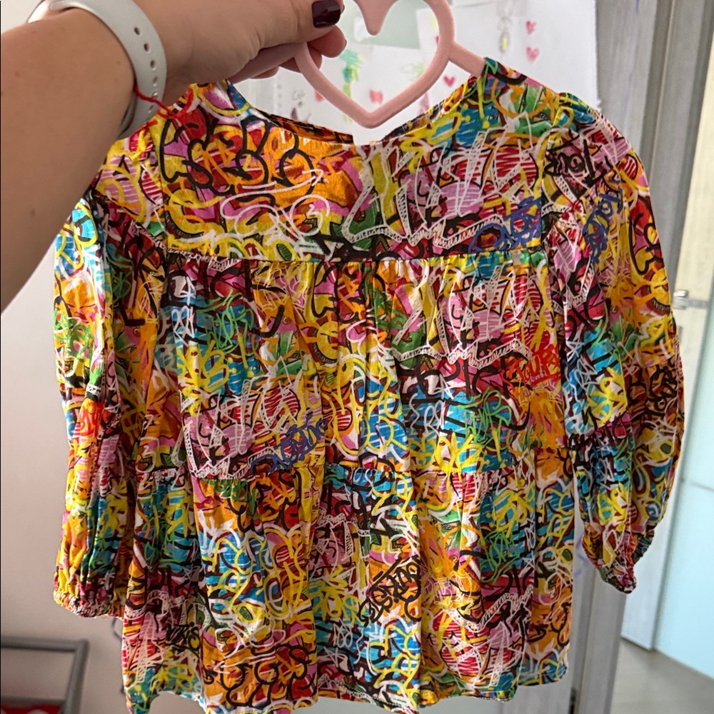 Vibrant Multi-Color Graffiti Print Girls Blouse size 2
